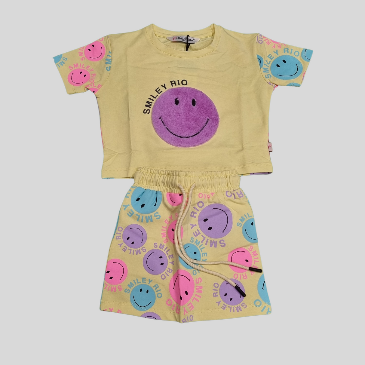 Smiley Rio Girls Summer Co-Ordinate Set – Fun Emoji Print Top & Shorts Combo