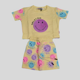 Smiley Rio Girls Summer Co-Ordinate Set – Fun Emoji Print Top & Shorts Combo