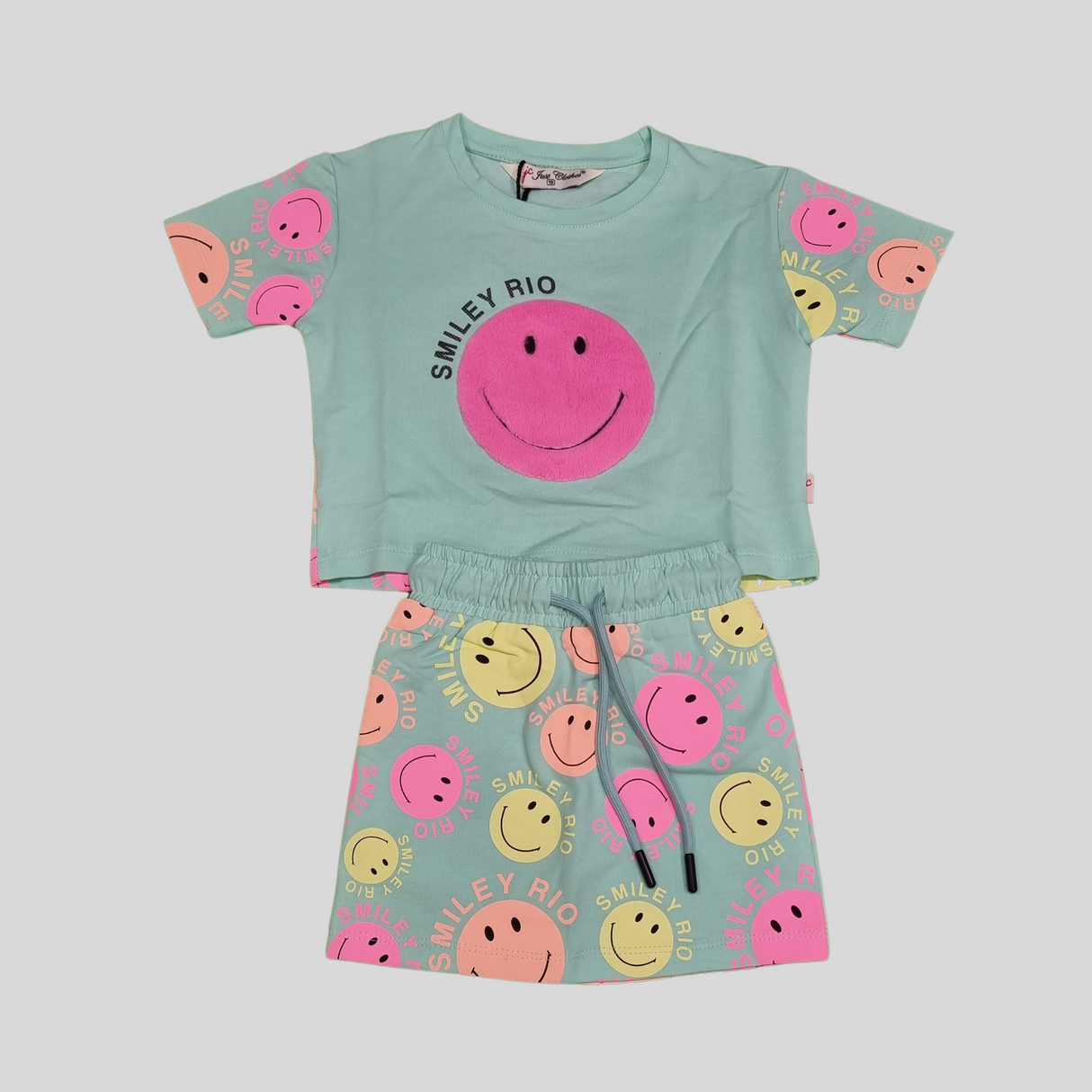 Smiley Rio Girls Summer Co-Ordinate Set – Fun Emoji Print Top & Shorts Combo