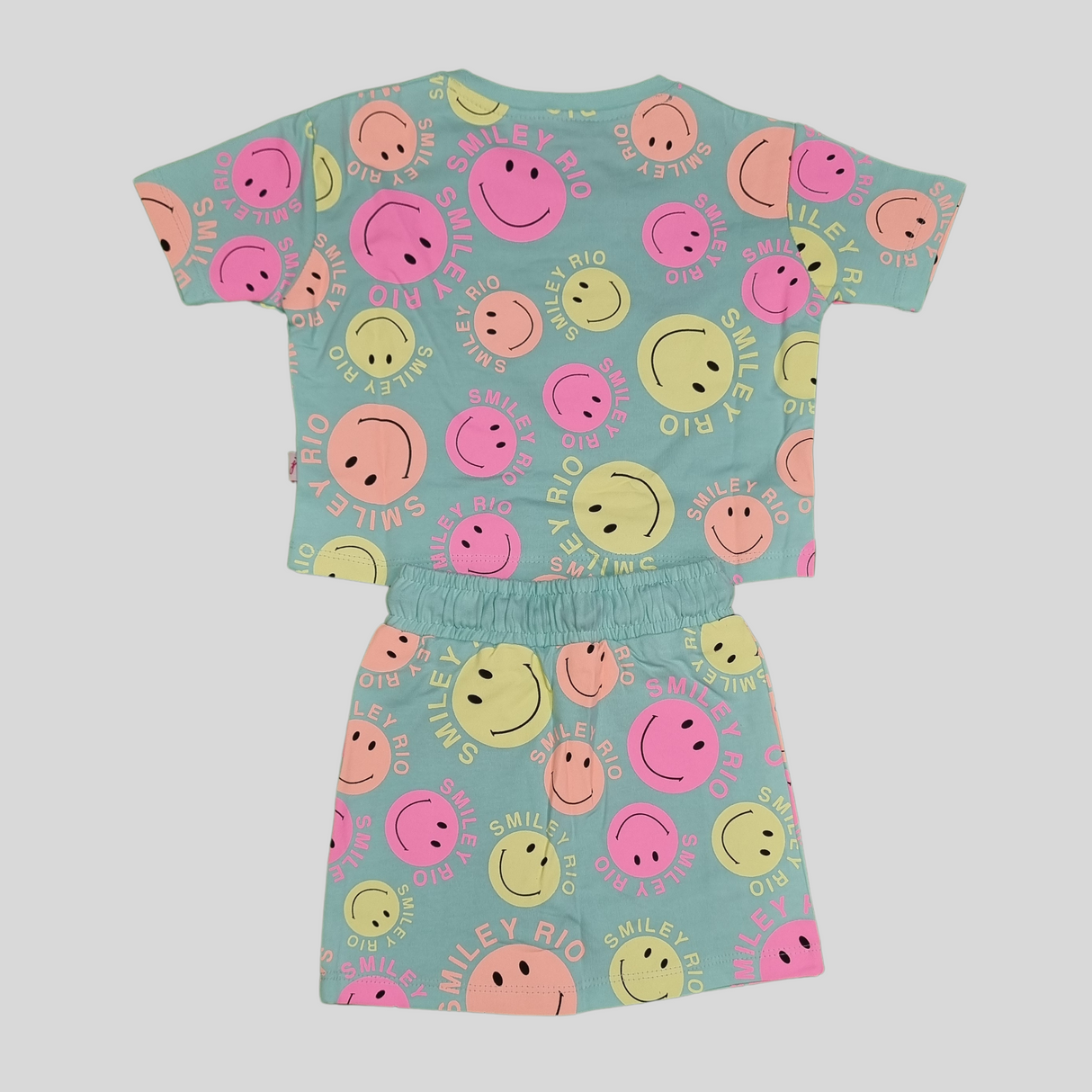 Smiley Rio Girls Summer Co-Ordinate Set – Fun Emoji Print Top & Shorts Combo