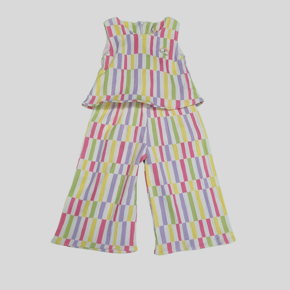 Girls’ Sleeveless Top and Wide-Leg Pant Set – Multicolor Stripes (2 Variants)