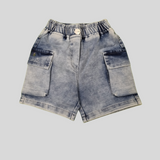 Boys’ Washed Denim-Style Cargo Shorts – Casual Comfort Wear