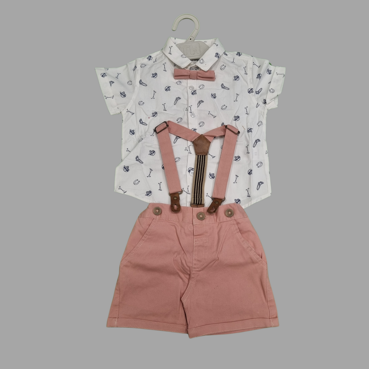Boys’ Smart Casual Suspender Outfit – Printed Shirt, Bow Tie & Shorts Set