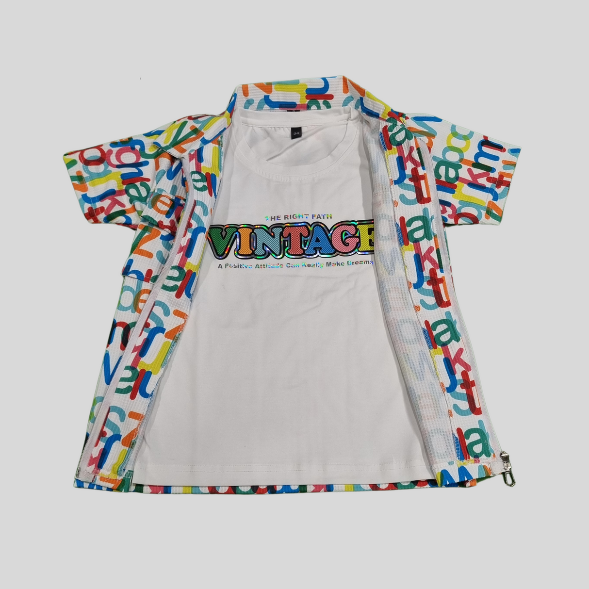 Boys Alphabet Print Zipper Jacket – Black & White Multicolor Typography Design