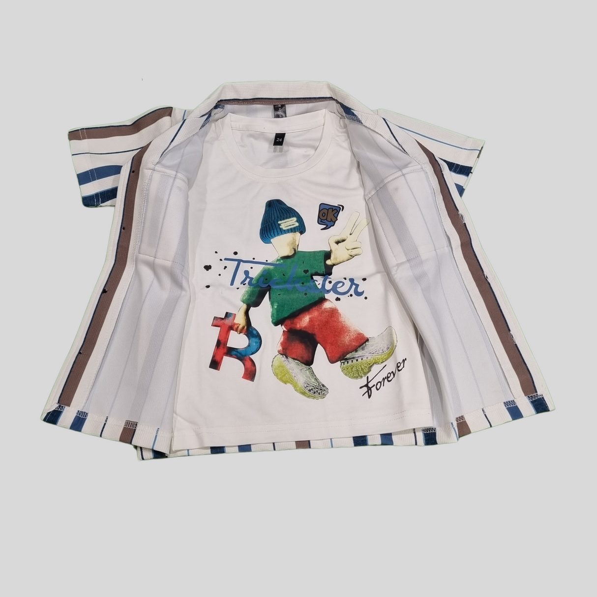 Boys’ 2-Piece Set – “Trickster Forever” Graphic Tee with Striped Shirt Overlay