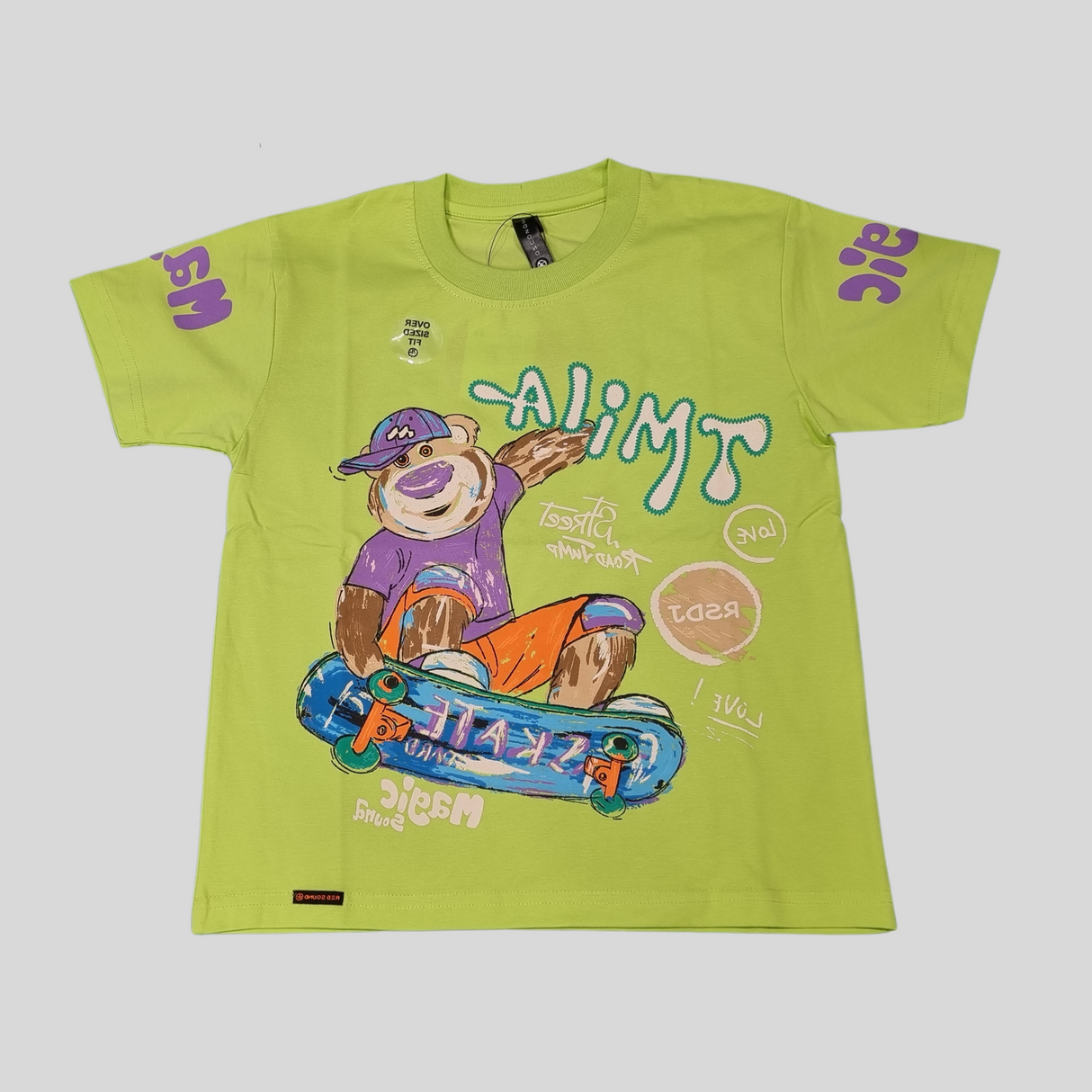 Boys' Lime Green Skateboarding Bear Graphic T-Shirt