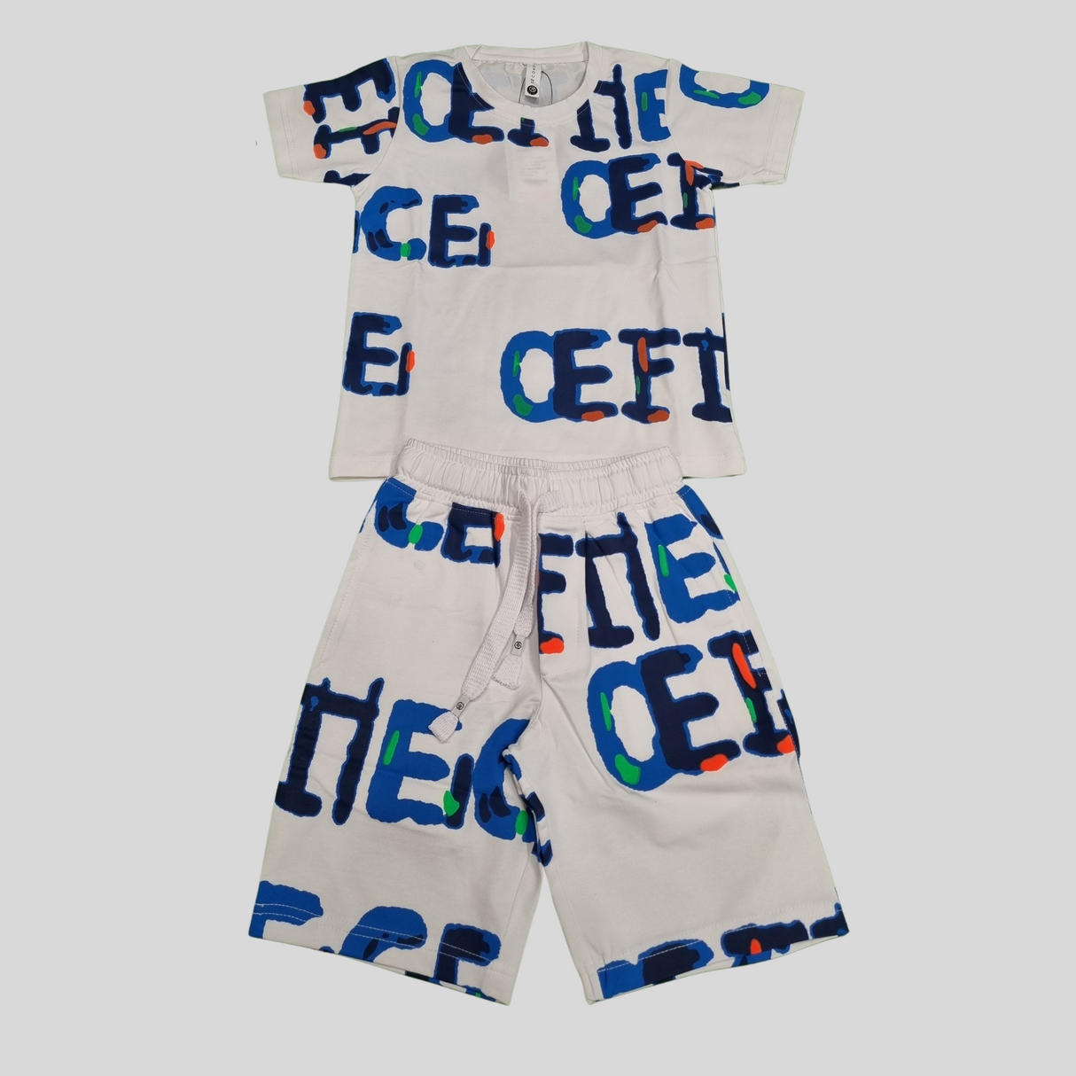 Bold Letter Print Boys’ Co-Ordinate Set – White Tee & Shorts Combo