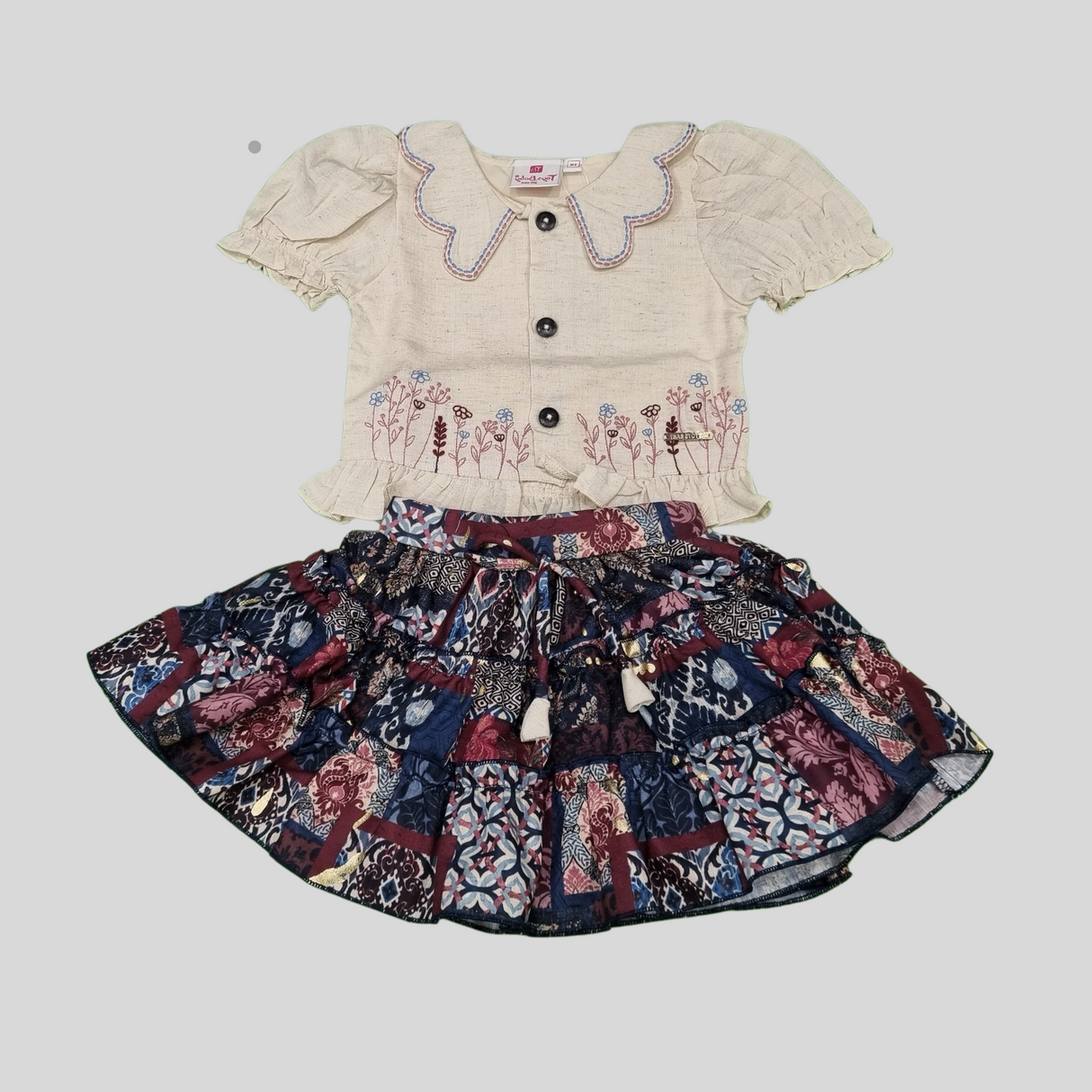 Girls’ Floral Embroidered Top & Patchwork Skirt Set – Ethnic Charm with Modern Elegance