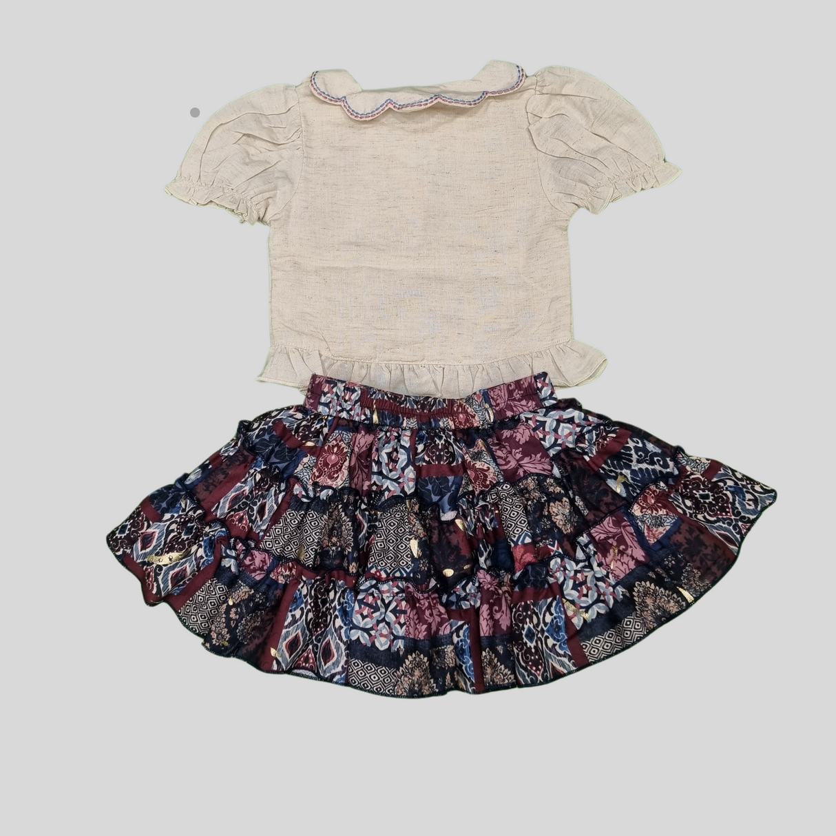 Girls’ Floral Embroidered Top & Patchwork Skirt Set – Ethnic Charm with Modern Elegance