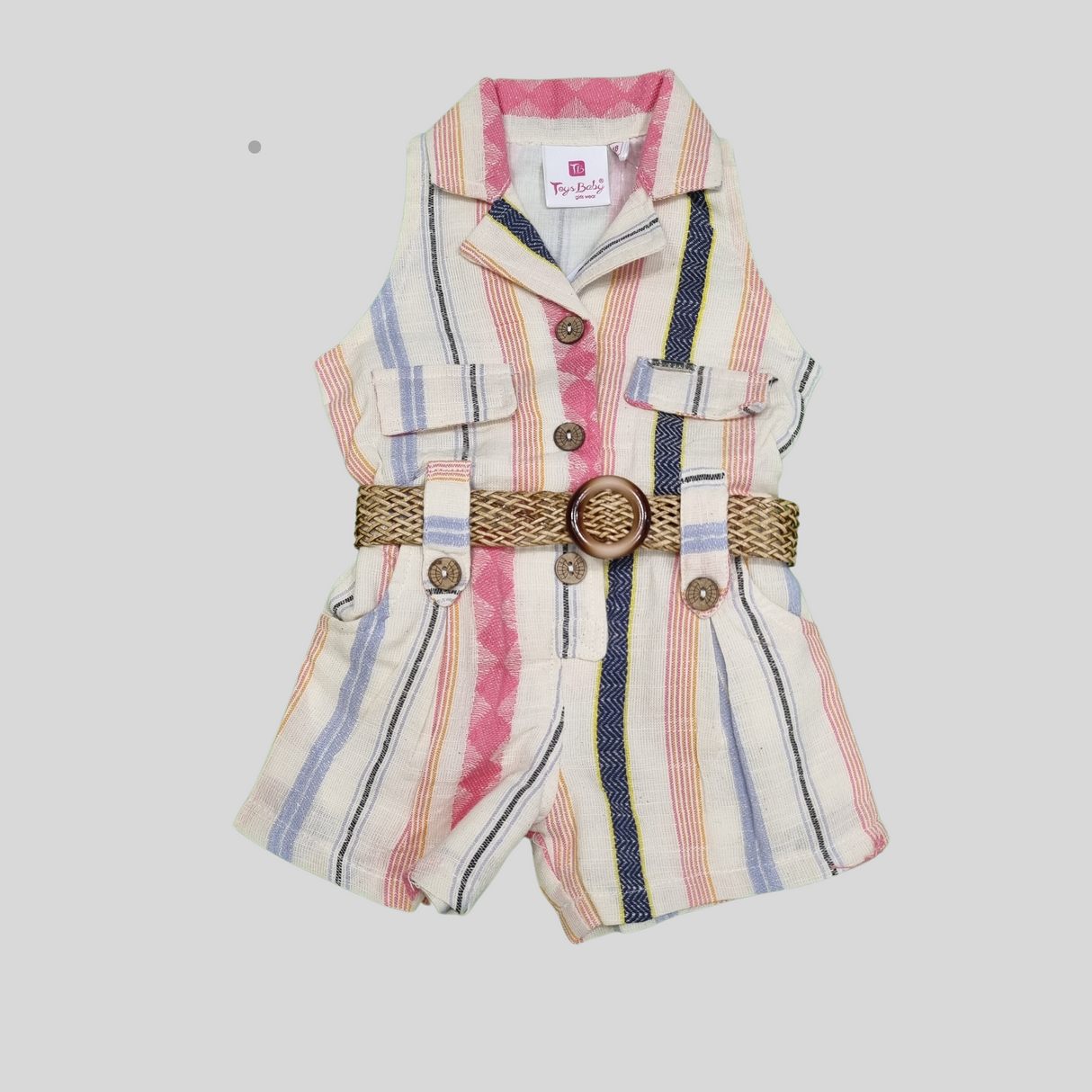 Trendy Striped Sleeveless Girls’ Romper with Belt – Casual Summer Jumpsuit