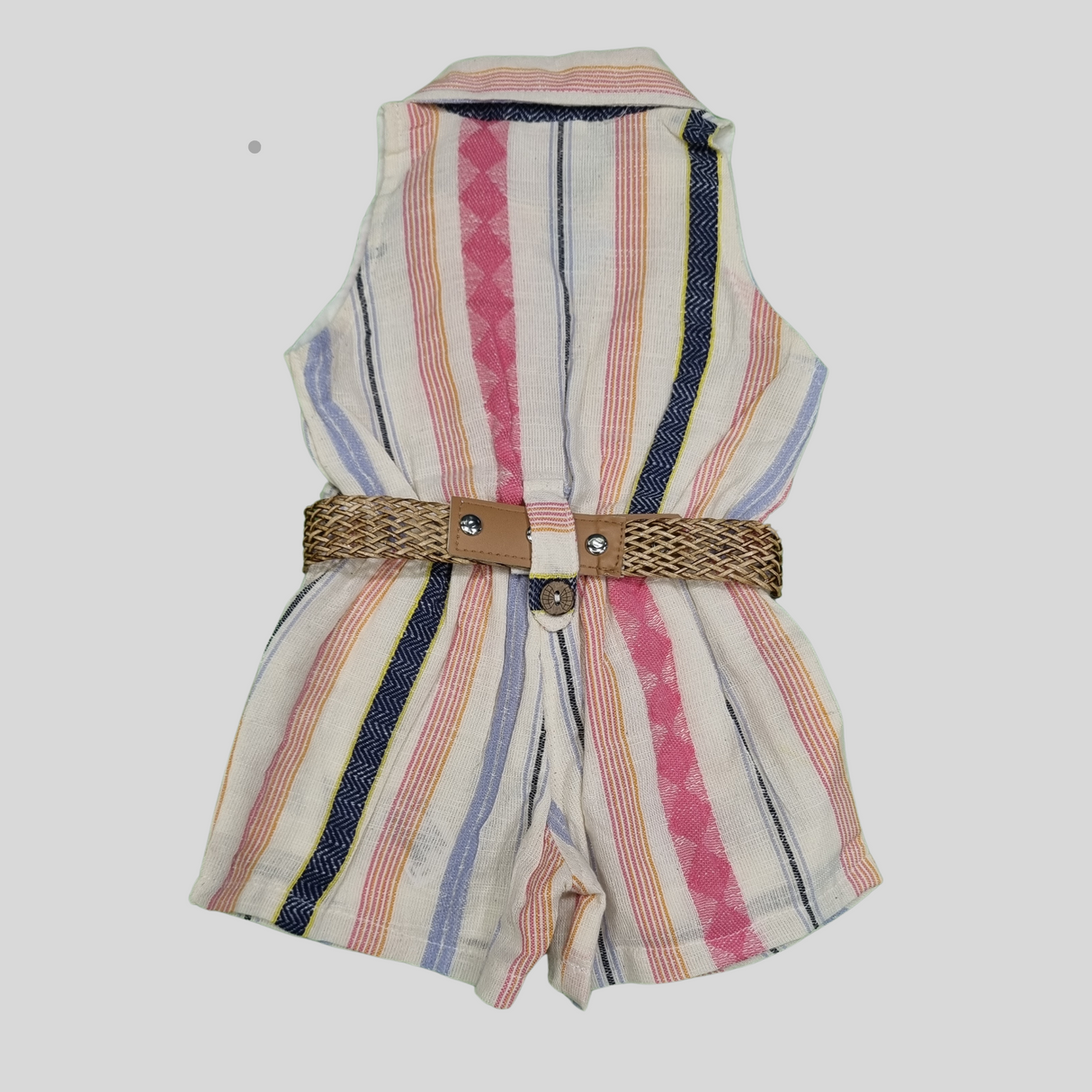 Trendy Striped Sleeveless Girls’ Romper with Belt – Casual Summer Jumpsuit