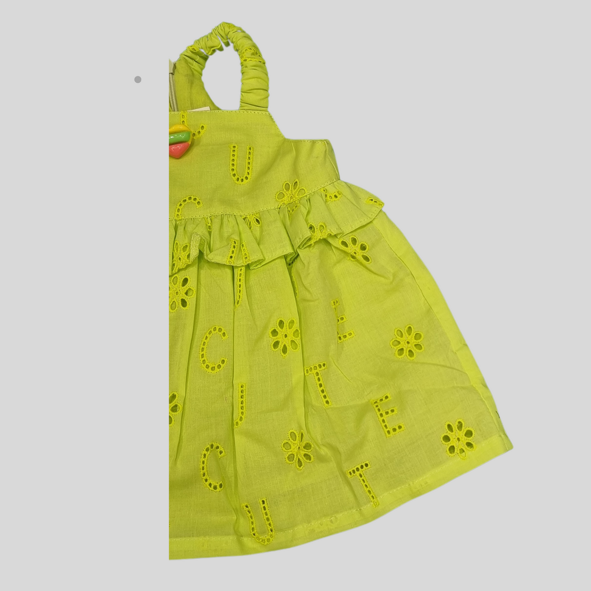 Girls' Neon Green Embroidered Sleeveless Dress with "CUTE" Cutout Design