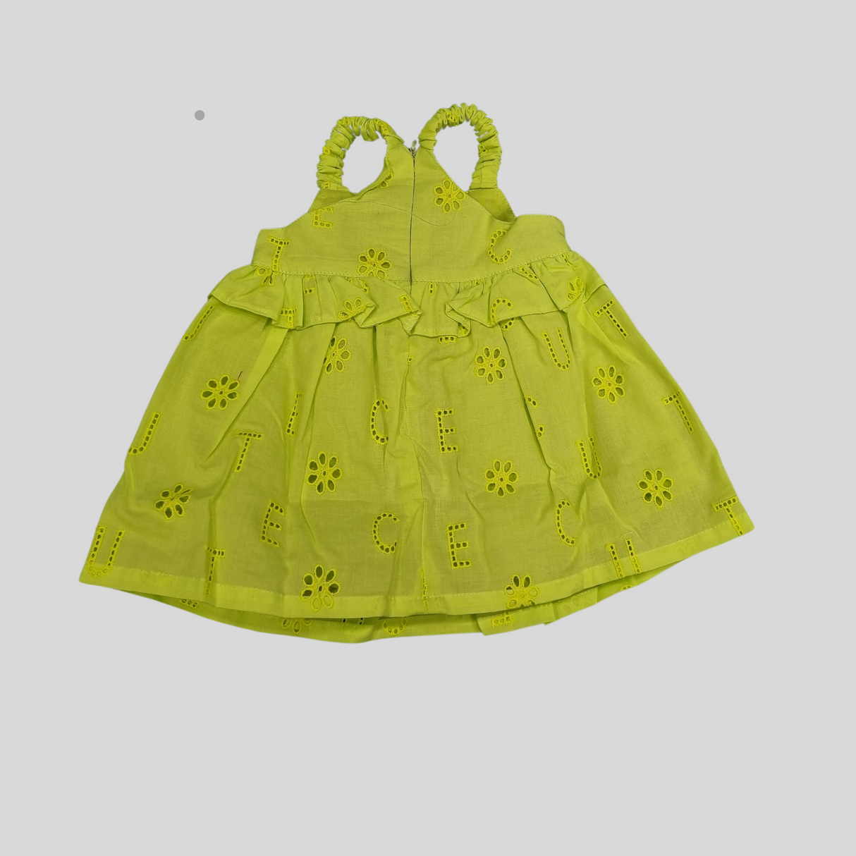 Girls' Neon Green Embroidered Sleeveless Dress with "CUTE" Cutout Design