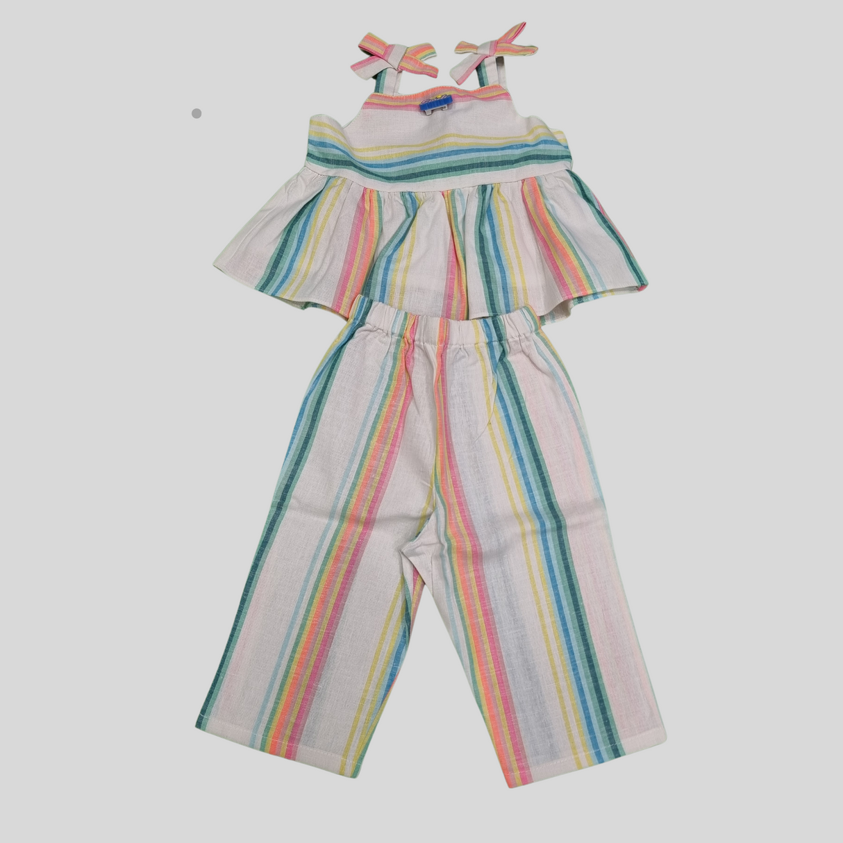 Girls' Rainbow Striped Co-Ordinate Set – Sleeveless Ruffle Top & Wide-Leg Pants