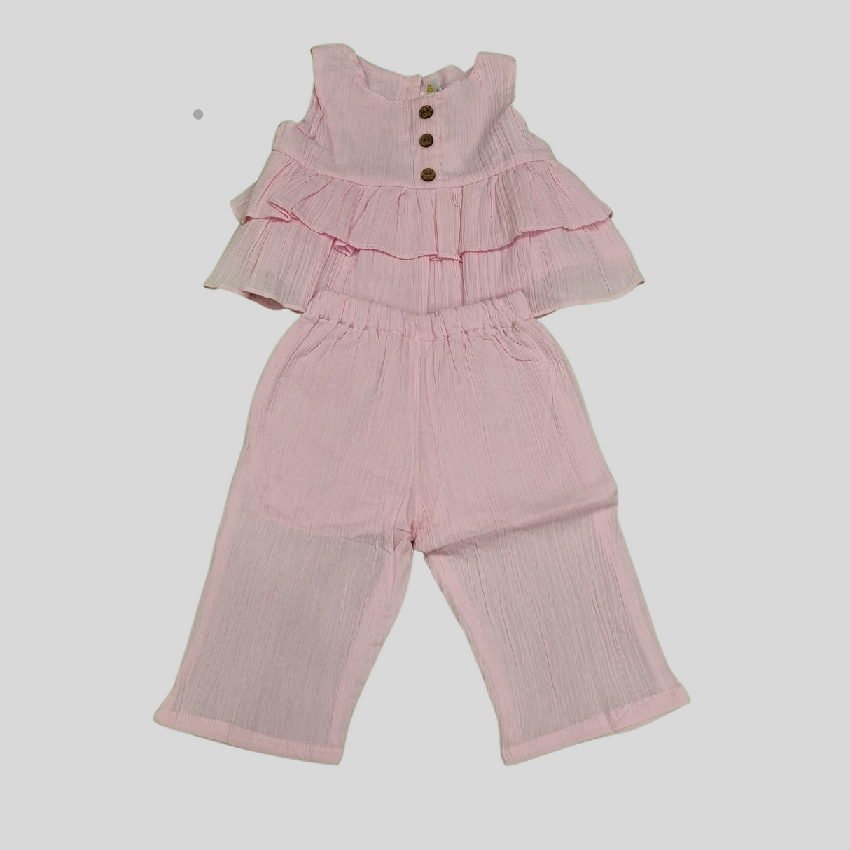 Girls' Light Pink Ruffle Top & Wide-Leg Pants Set – Summer Casual Outfit
