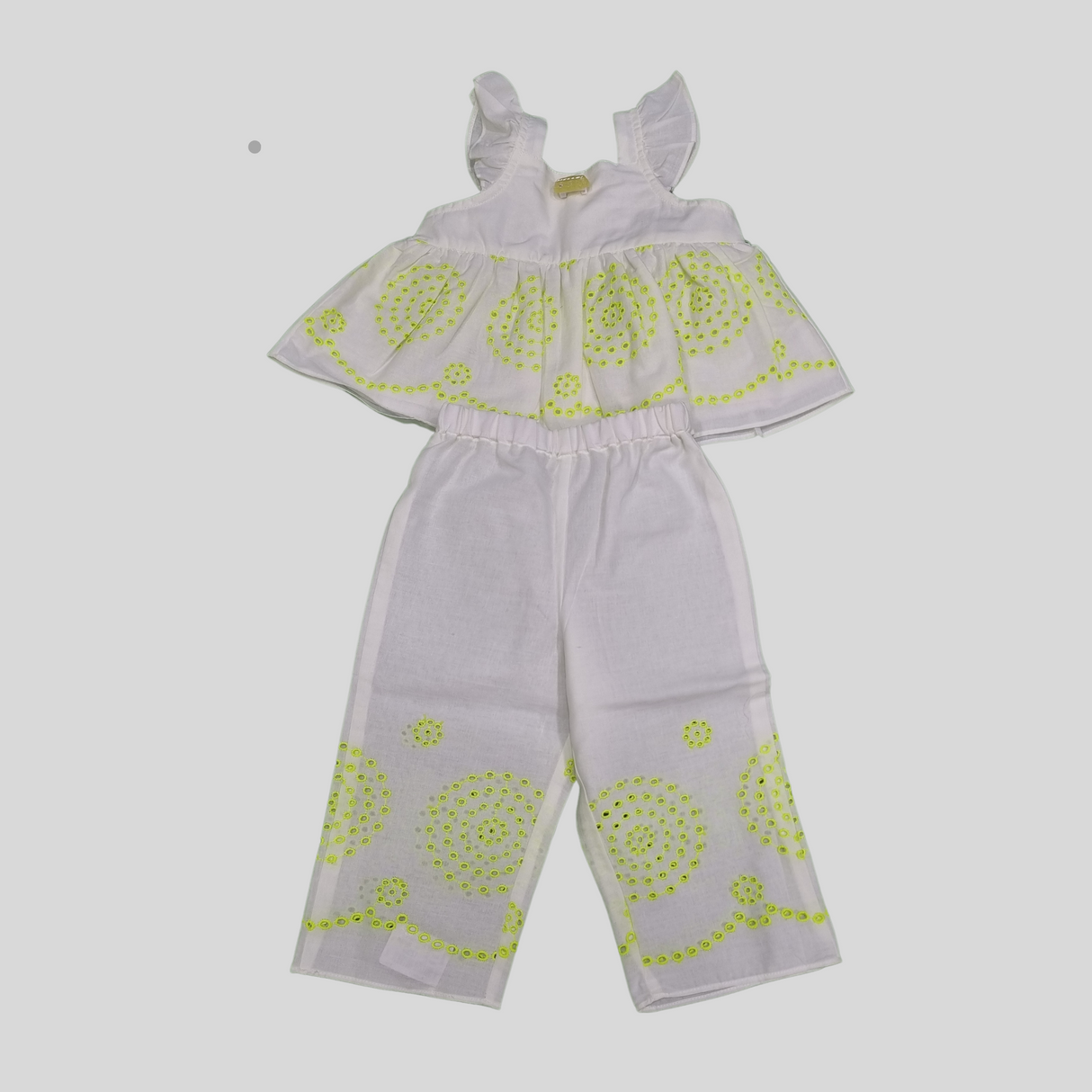 Girls' White & Neon Embroidered Co-Ordinate Set – Ruffle Strap Top & Wide-Leg Pants