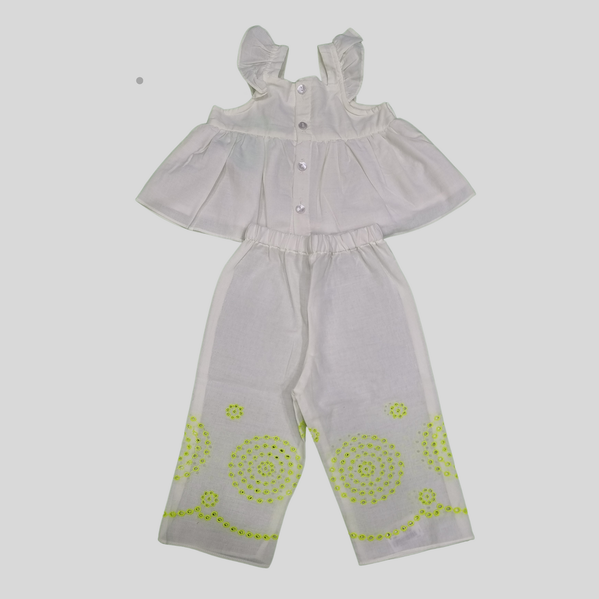 Girls' White & Neon Embroidered Co-Ordinate Set – Ruffle Strap Top & Wide-Leg Pants
