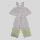 Girls' White & Neon Embroidered Co-Ordinate Set – Ruffle Strap Top & Wide-Leg Pants