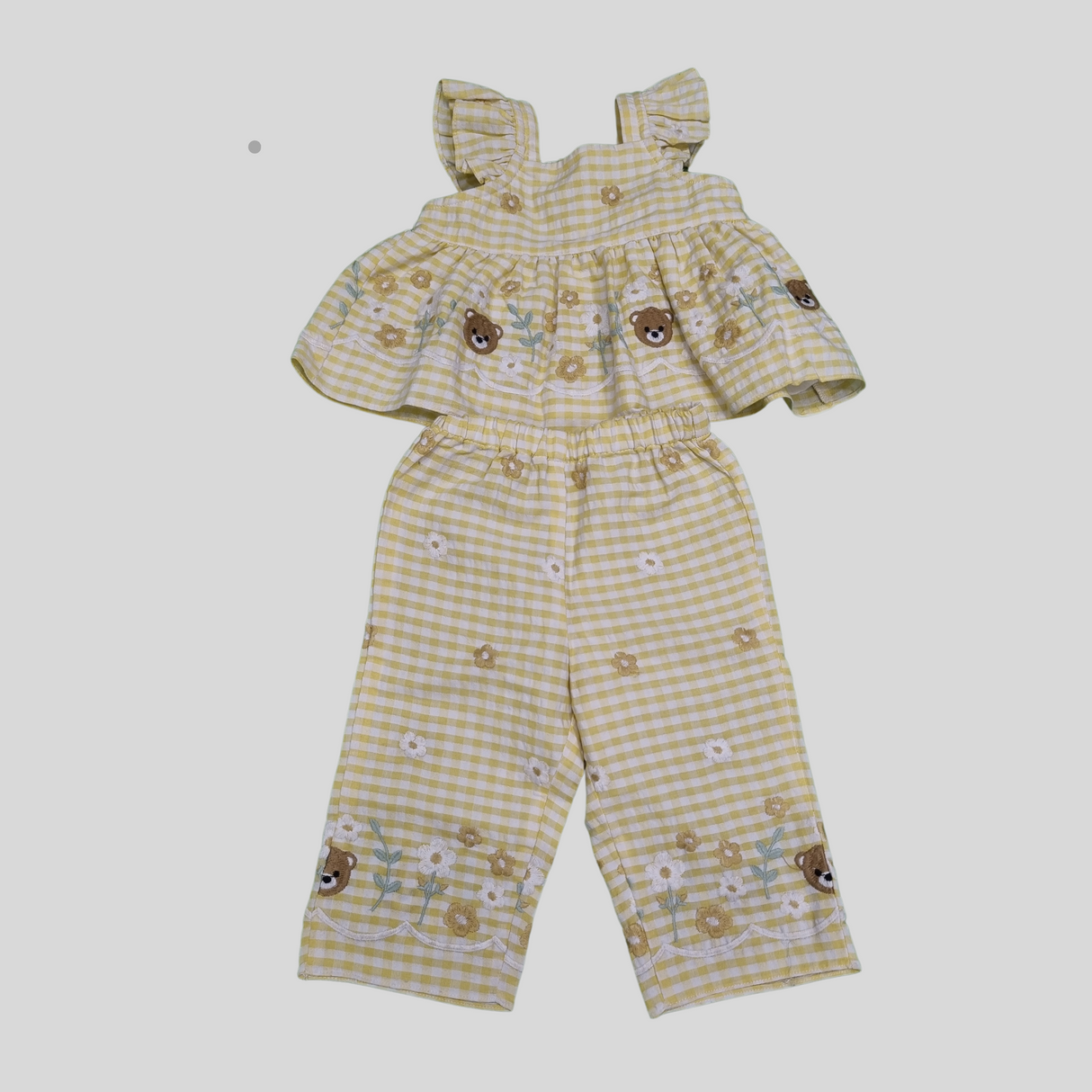 Girls' Yellow Gingham Co-Ordinate Set – Sleeveless Floral & Bear Print Top with Matching Pants