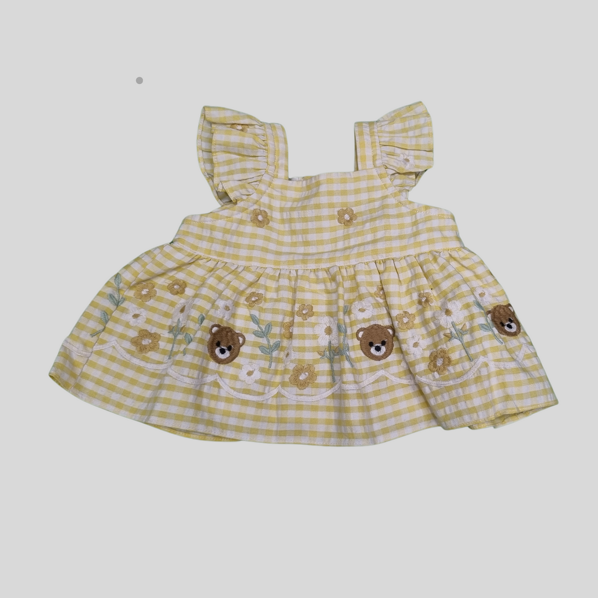 Girls' Yellow Gingham Co-Ordinate Set – Sleeveless Floral & Bear Print Top with Matching Pants