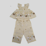 Girls' Yellow Gingham Co-Ordinate Set – Sleeveless Floral & Bear Print Top with Matching Pants