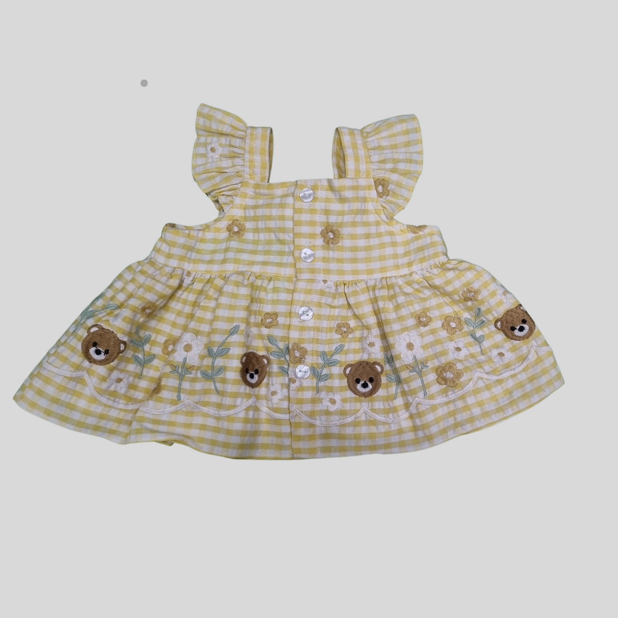 Girls' Yellow Gingham Co-Ordinate Set – Sleeveless Floral & Bear Print Top with Matching Pants