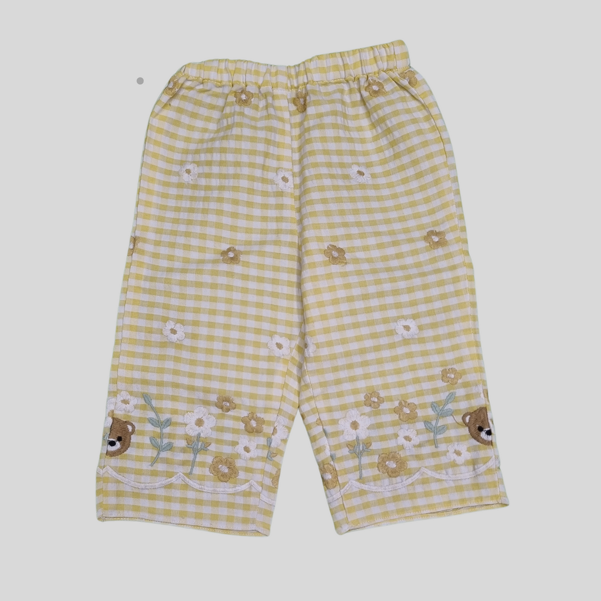 Girls' Yellow Gingham Co-Ordinate Set – Sleeveless Floral & Bear Print Top with Matching Pants