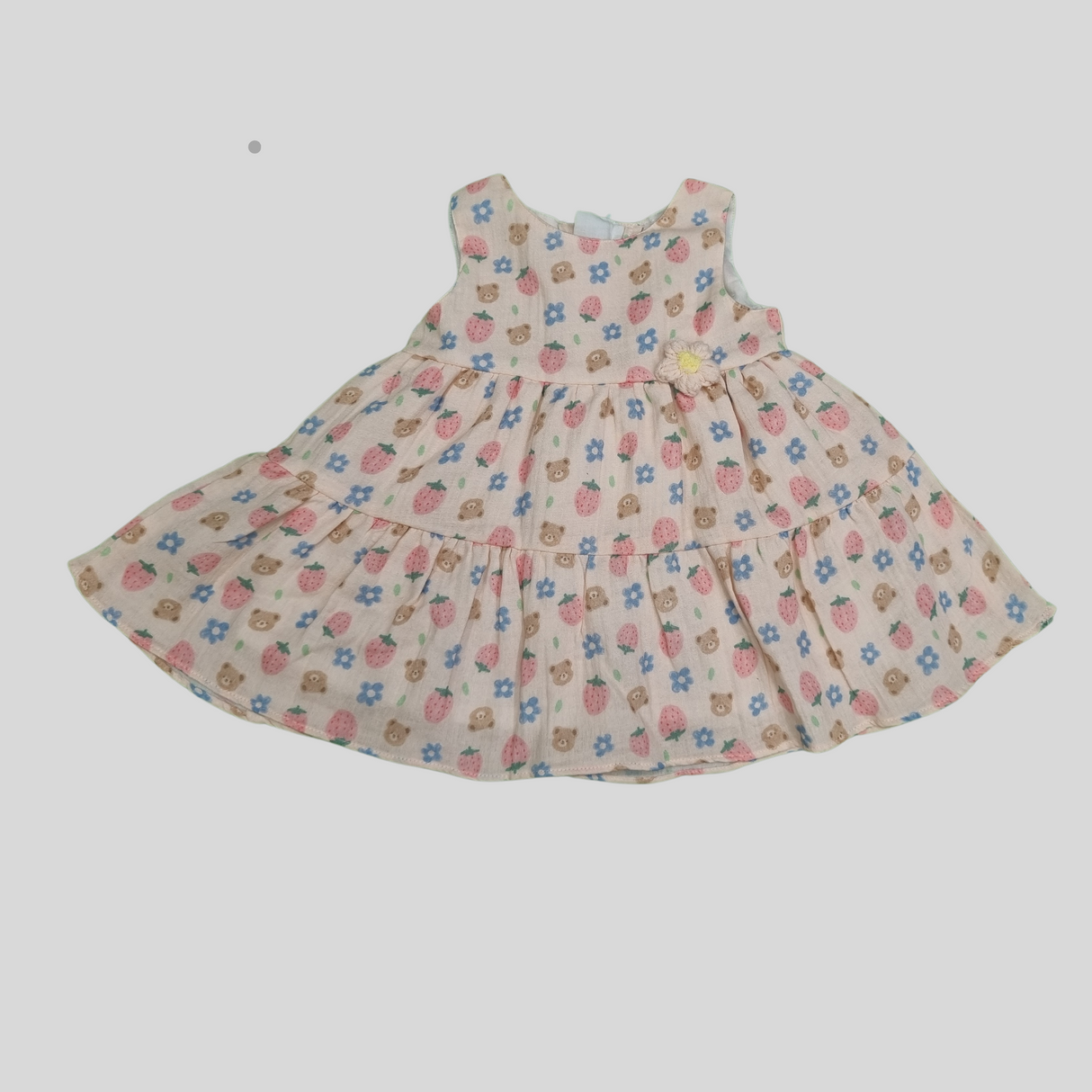 Baby Girls' Sleeveless Printed Frock with Bear & Strawberry Design – Floral Party Dress