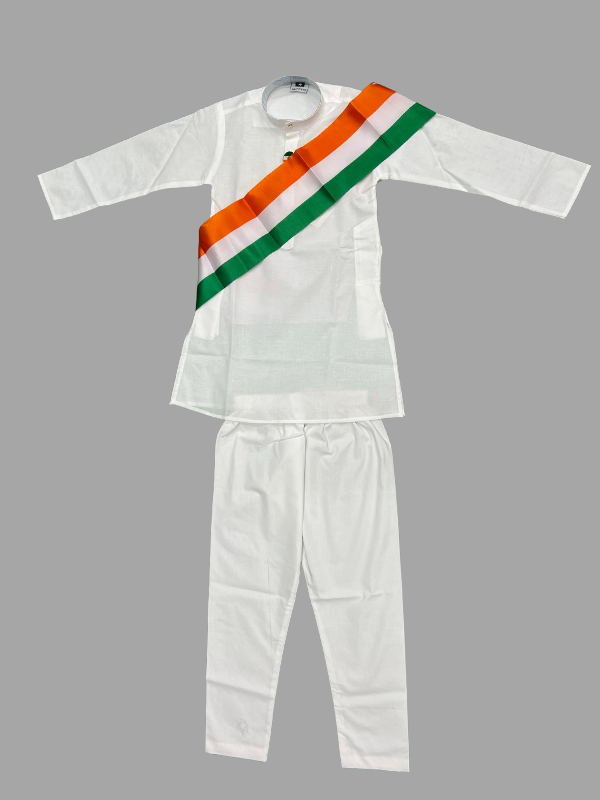 Boys’ White Kurta Pajama with Tricolor Sash – Independence Day Special Outfit