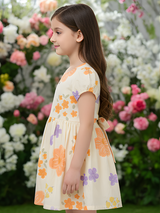 Girls Casual Printed Cotton Frocks - Cream