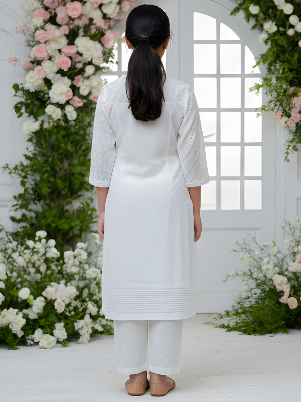 Girls' White Chikankari Anarkali Style Kurta and Straight Pants Set