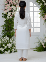 Girls' White Chikankari Anarkali Style Kurta and Straight Pants Set