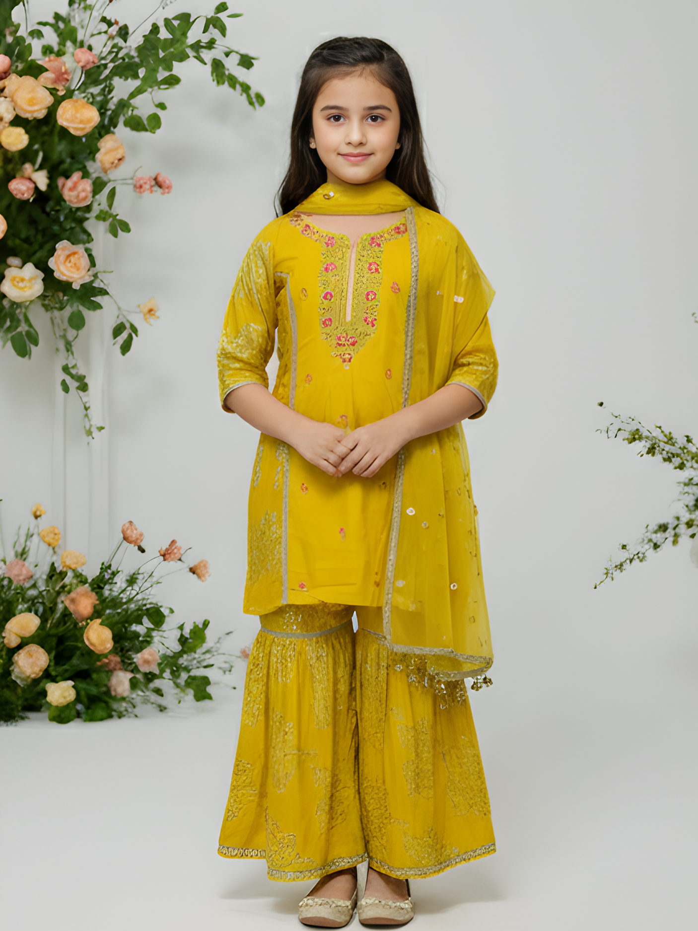 Girls' Festive Yellow Printed Kurta, Sharara and Dupatta Set