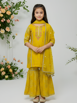 Girls' Festive Yellow Printed Kurta, Sharara and Dupatta Set