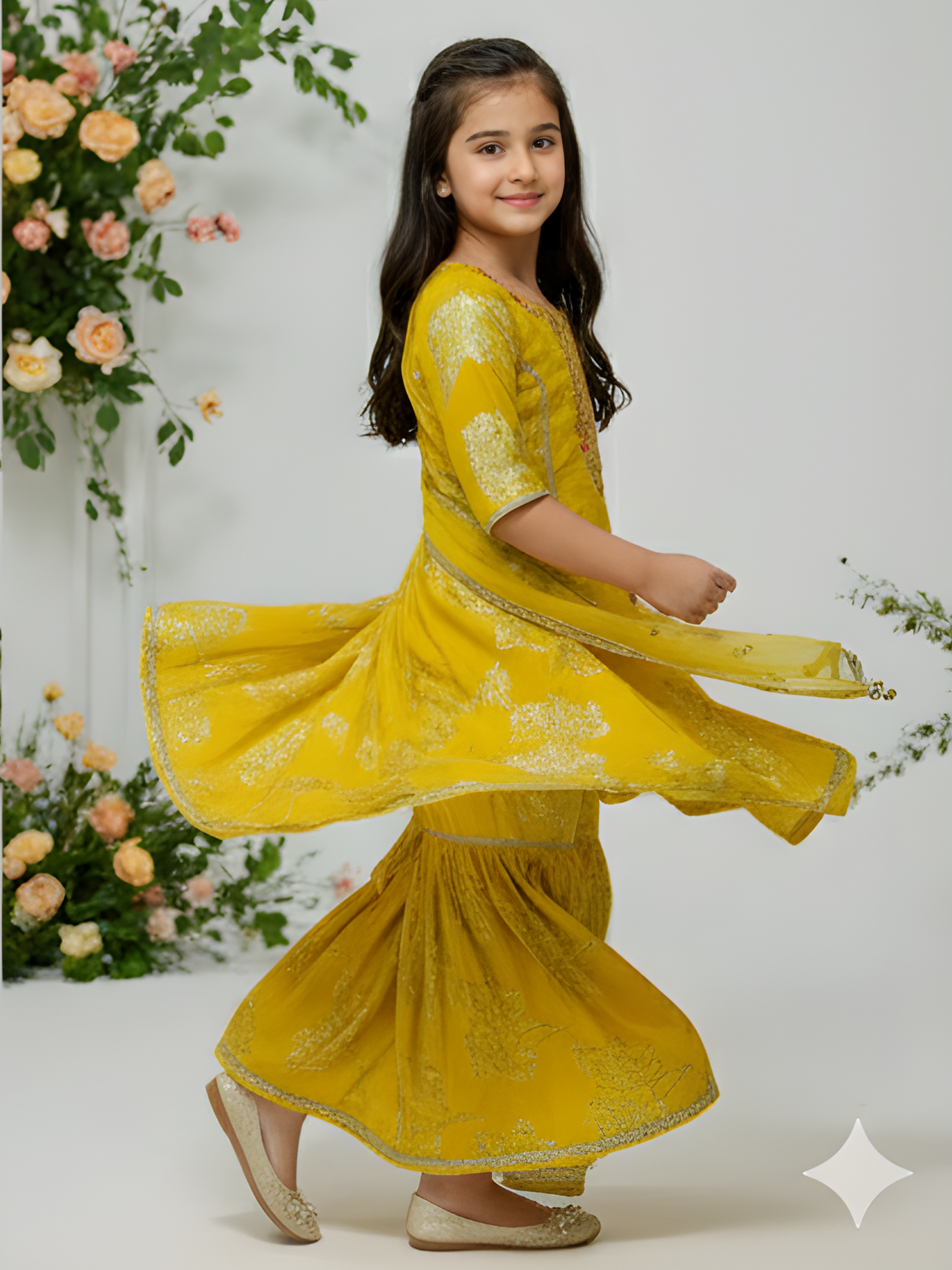 Girls' Festive Yellow Printed Kurta, Sharara and Dupatta Set