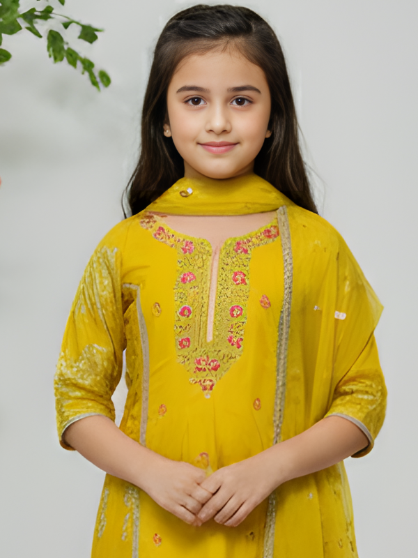 Girls' Festive Yellow Printed Kurta, Sharara and Dupatta Set