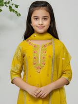 Girls' Festive Yellow Printed Kurta, Sharara and Dupatta Set