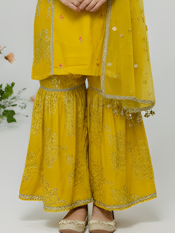 Girls' Festive Yellow Printed Kurta, Sharara and Dupatta Set