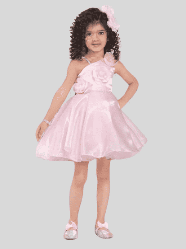 Girls Party Satin Party Frock With Work - Pink