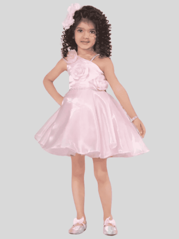 Girls Party Satin Party Frock With Work - Pink