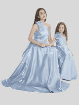 Girls Party Plain Satin Western Gown With Work - Blue