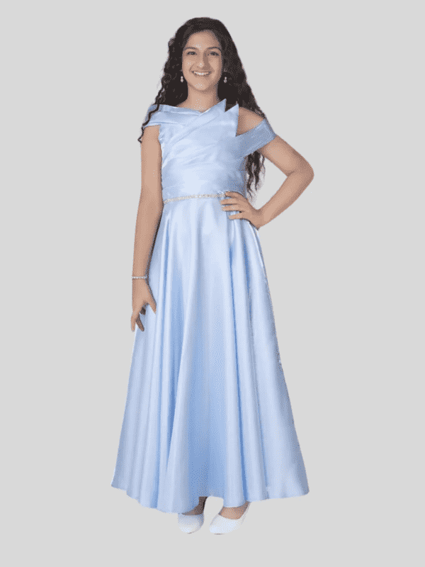 Girls Party Plain Satin Western Gown - Blue