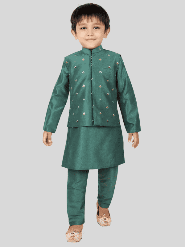 Boys Traditional With Work Chudidar Kurta with Koti - Green