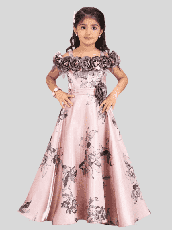 Girls Party Satin Western Gown With Work- Peach