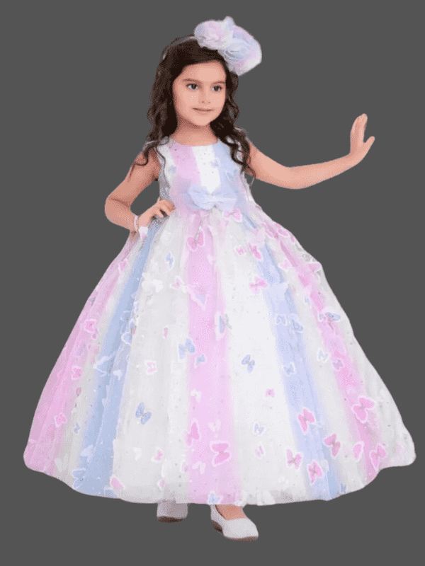 Girls Party Printed Heavy Western Gown - White
