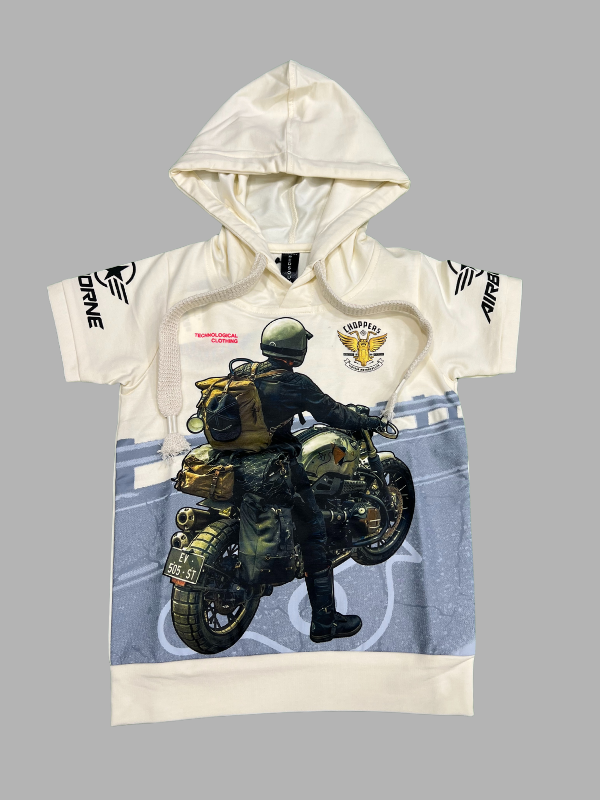 Boys Cream Graphic Printed Hoodie T-Shirt – Biker Rider Theme