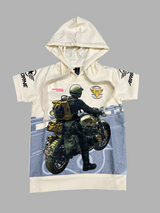 Boys Cream Graphic Printed Hoodie T-Shirt – Biker Rider Theme