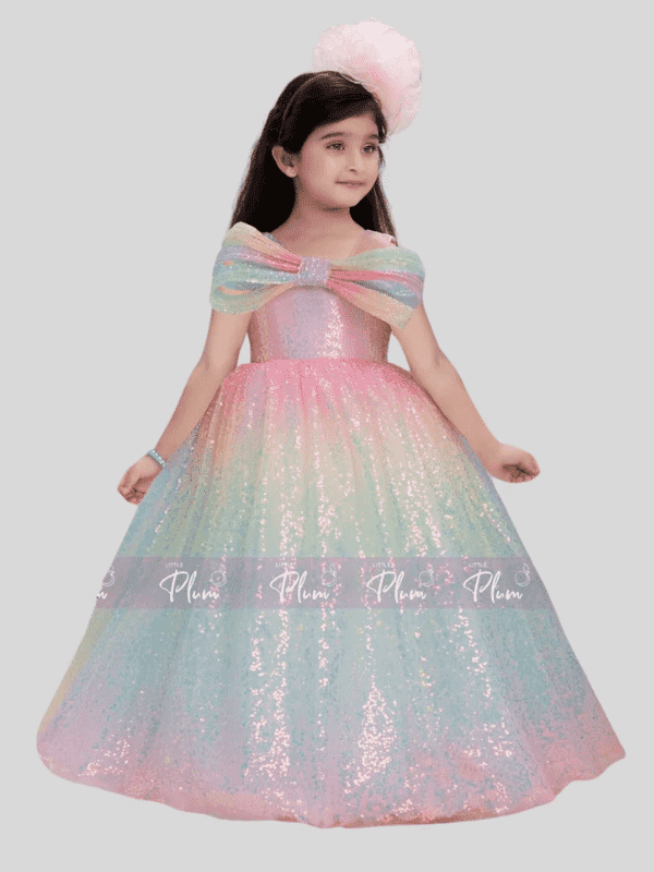 Girls Party Plain Heavy Western Gown - Multi