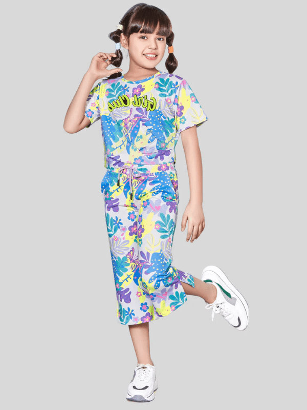 Girls Casual Printed Half Sleeves Capri Set - Purple