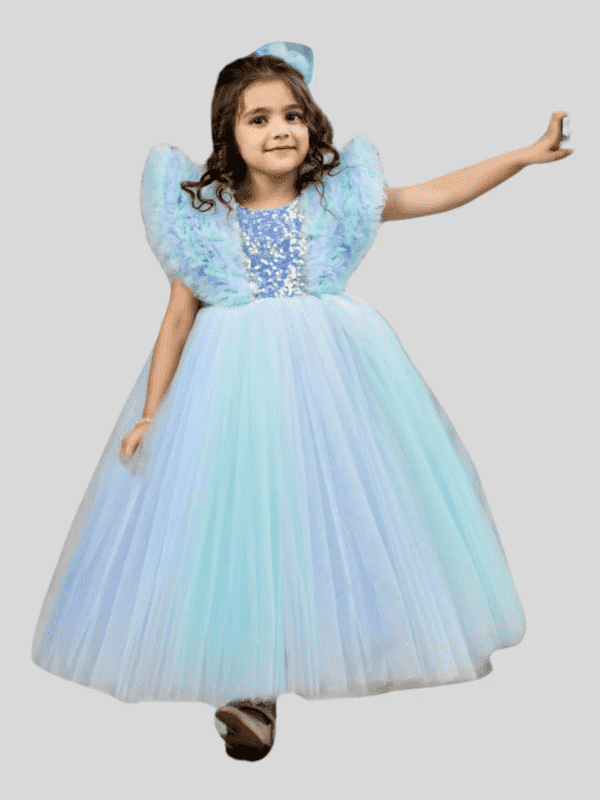 Girls Party Heavy Western Gown With Work - Sky Blue